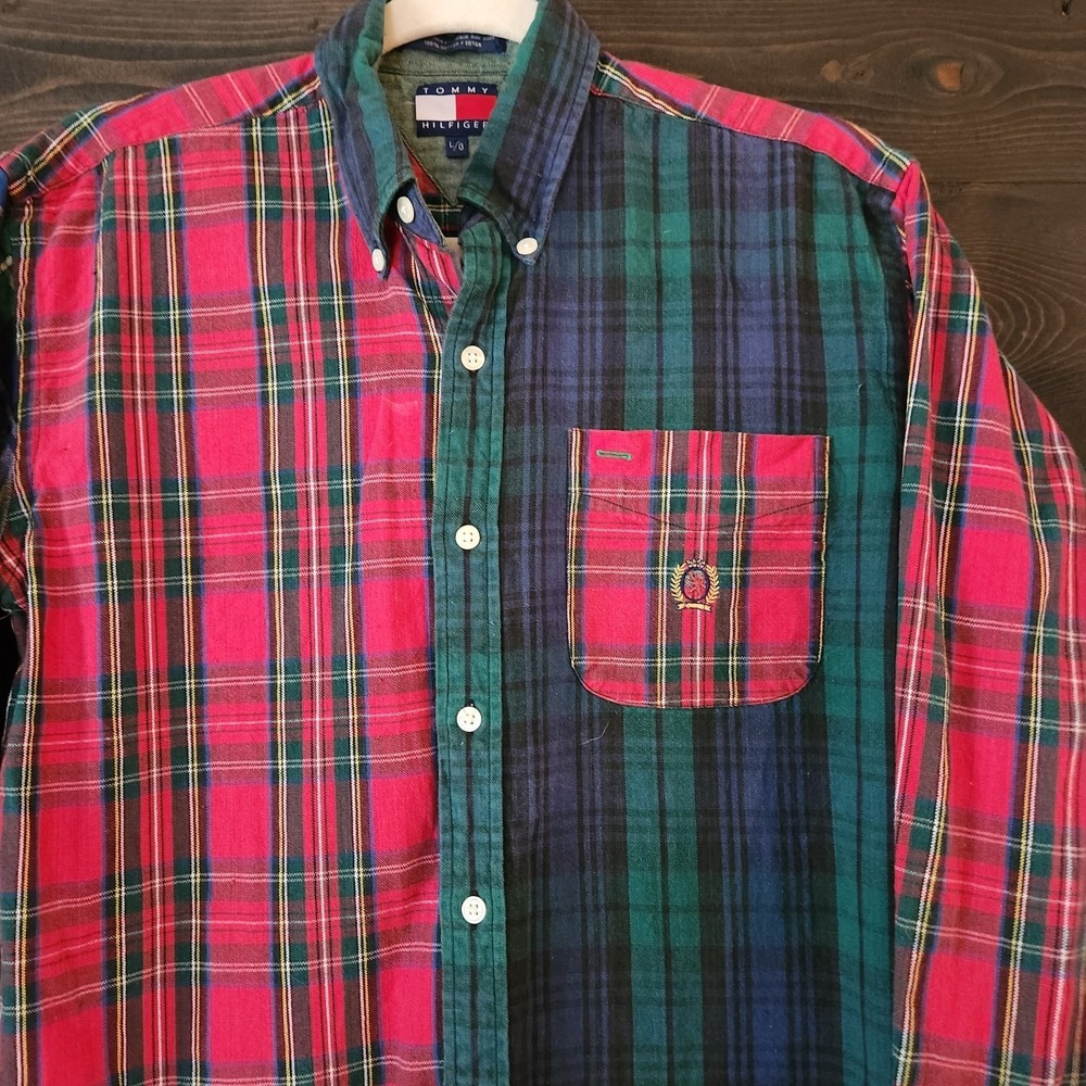 Y2K Tommy Hilfiger Patchwork Tartan Plaid Oxford Button Down Shirt L Academia - Picture 3 of 10